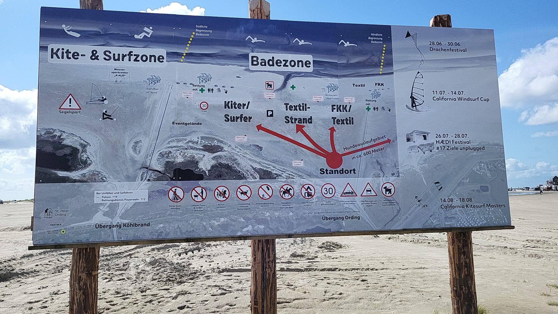 Schild St. Peter-Ording, Kite- und Surfzone